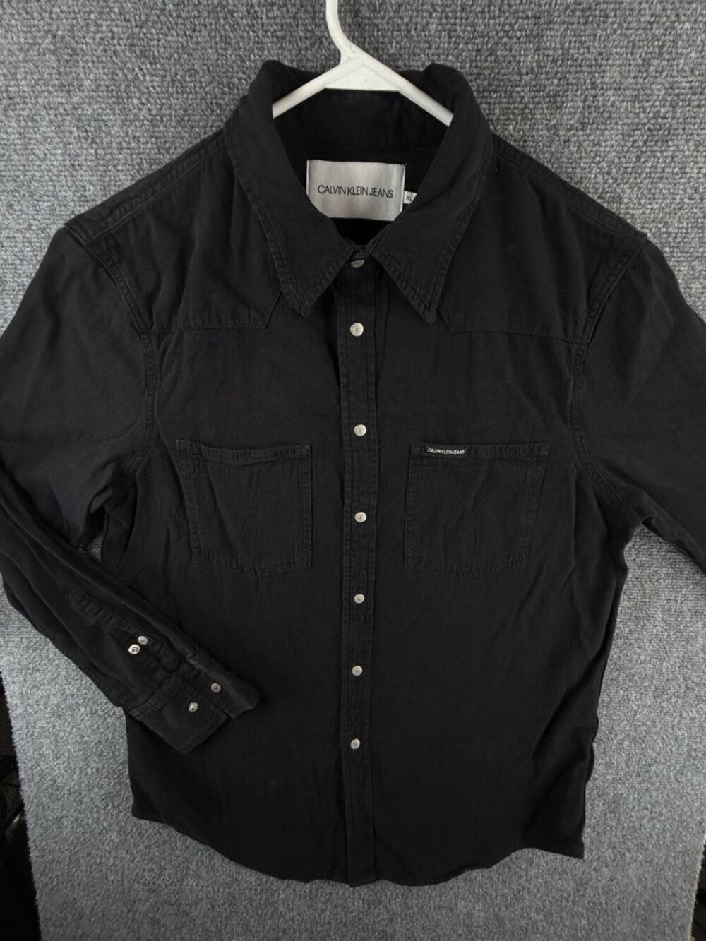 Calvin Klein Heavyweight Black Snap Up Shirt Men XL Logo Pocket Cotton Adult